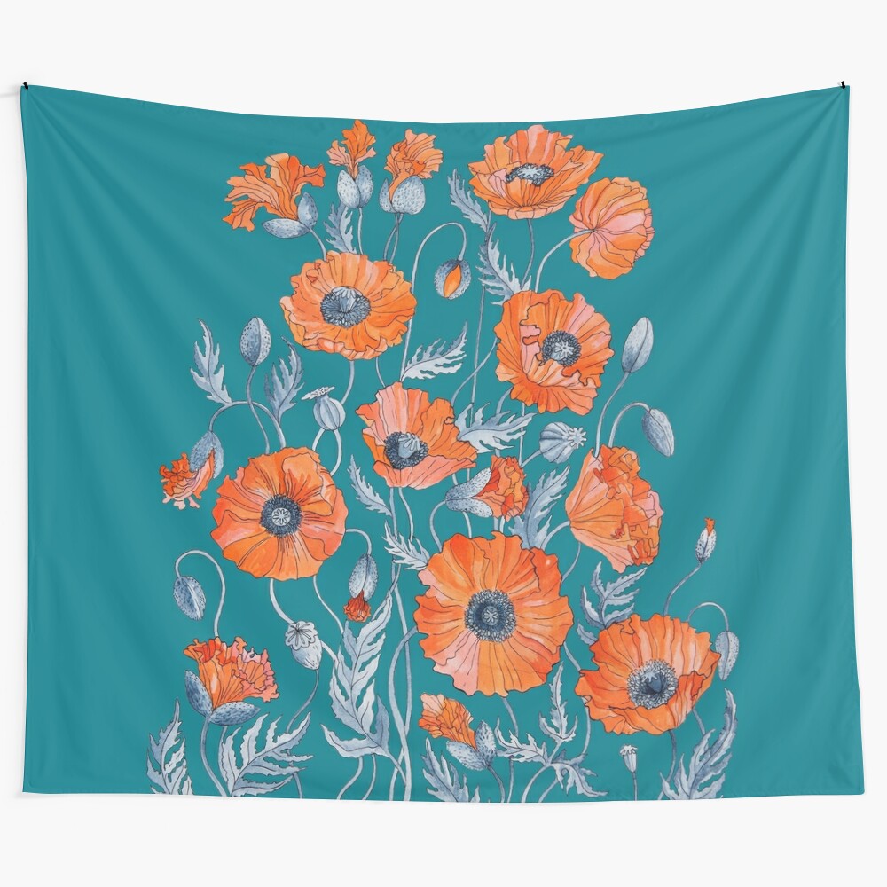 Botanical poppy floral tapestry featuring a vibrant pattern of poppies in red, orange, and grey