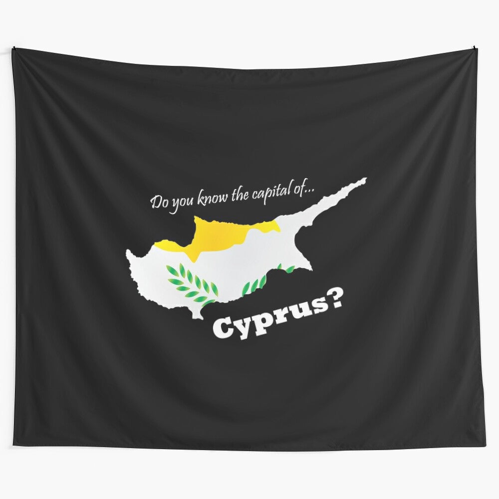 Tapestry featuring a map of Cyprus and the question "Do you know the capital of Cyprus?"