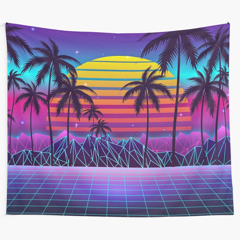 Radiant sunset synthwave tapestry featuring neon colors and futuristic aesthetic