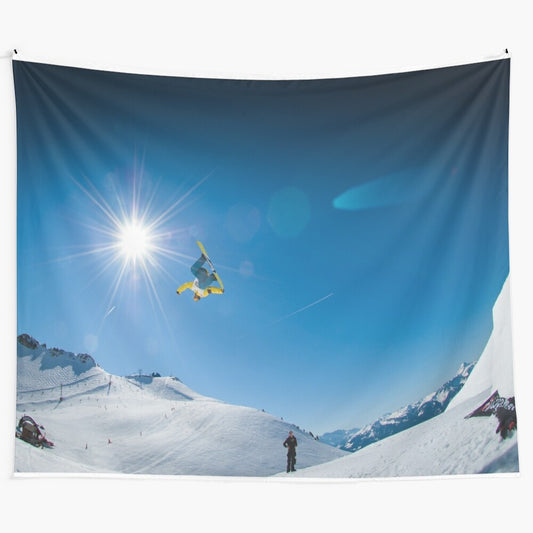 Vibrant tapestry featuring snowboarders performing tricks against a backdrop of snowy mountains