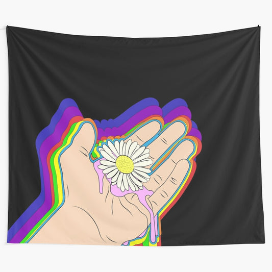 Trippy, psychedelic flower tapestry with a hand holding a colorful daisy