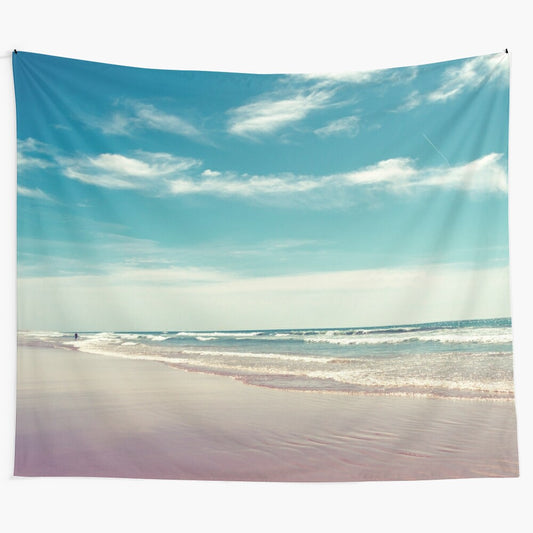 A colorful tapestry depicting a swimmer in a serene ocean landscape.