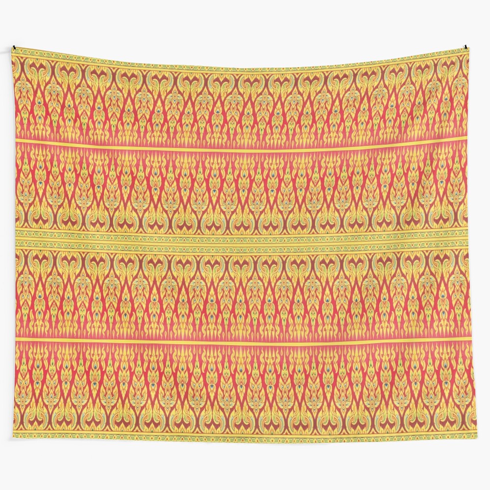 Colorful Thai pattern tapestry with abstract shapes and textures