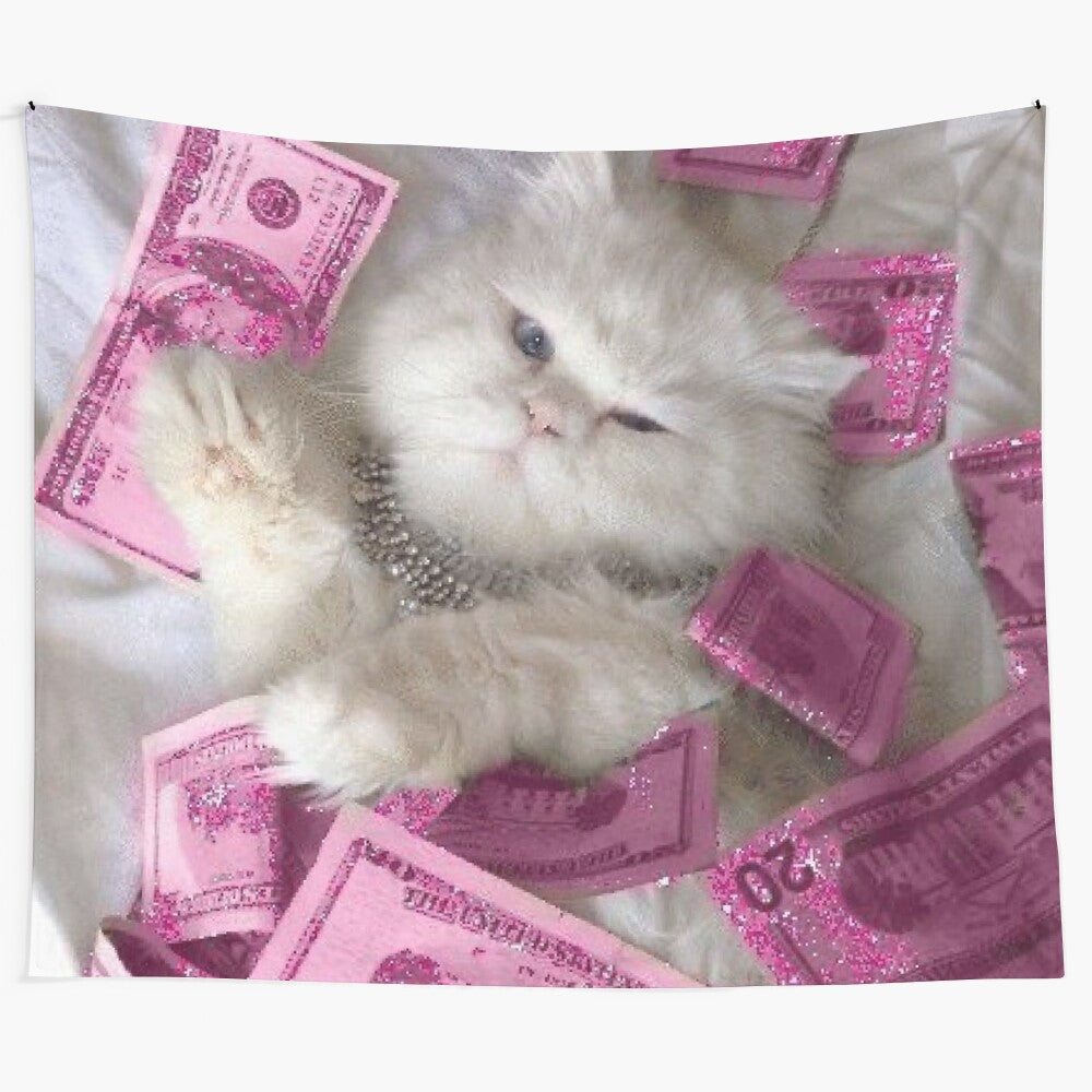 A cat with pink dollar bills and butterflies on a tapestry