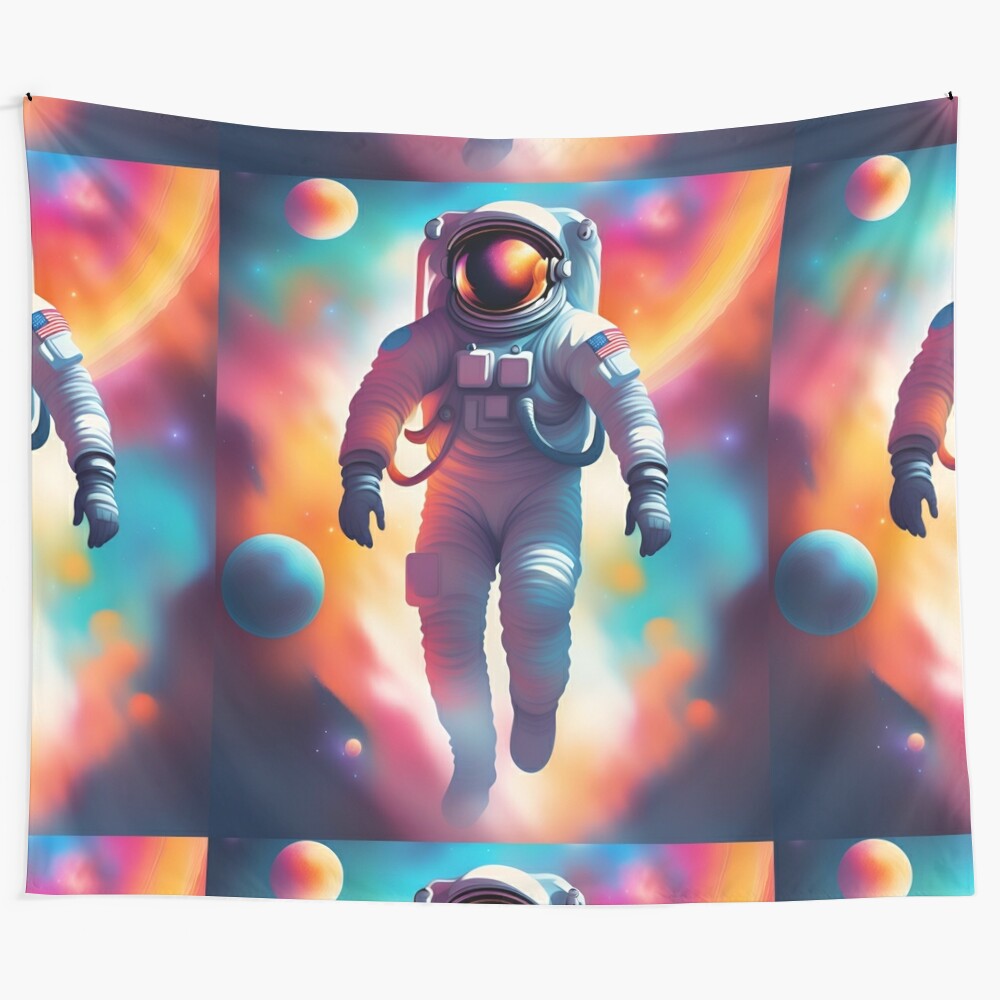 Colorful space tapestry featuring an astronaut in a vibrant galaxy