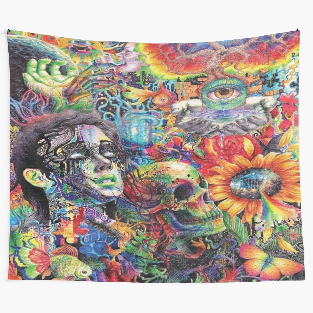 Vibrant trippy collage tapestry with psychedelic patterns and colors