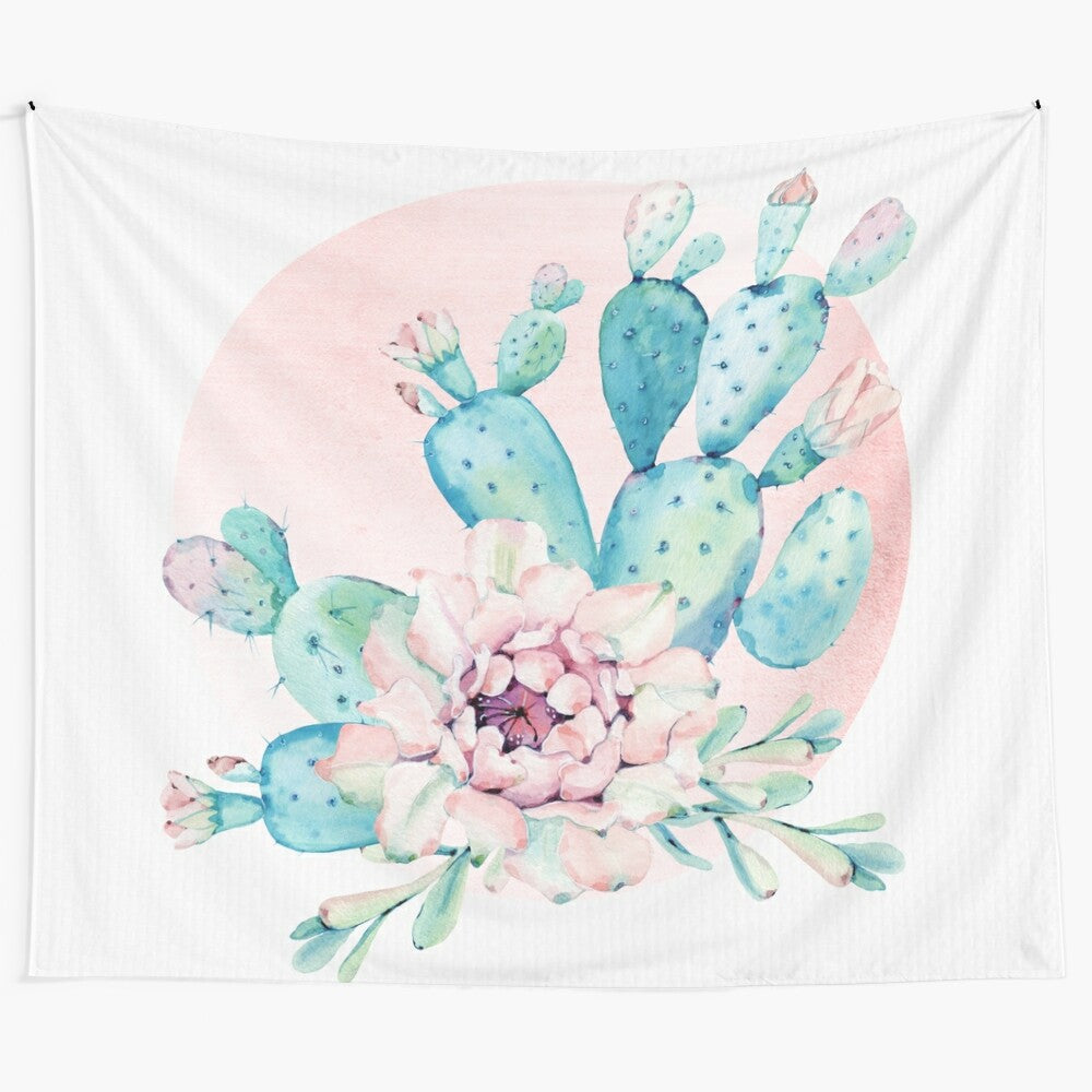 Soft pastel desert cactus and floral wall art tapestry