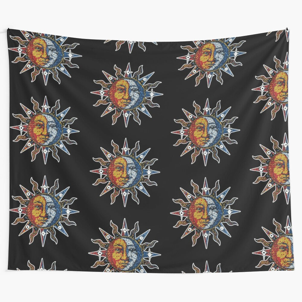 Colorful celestial tapestry with sun and moon mosaic pattern