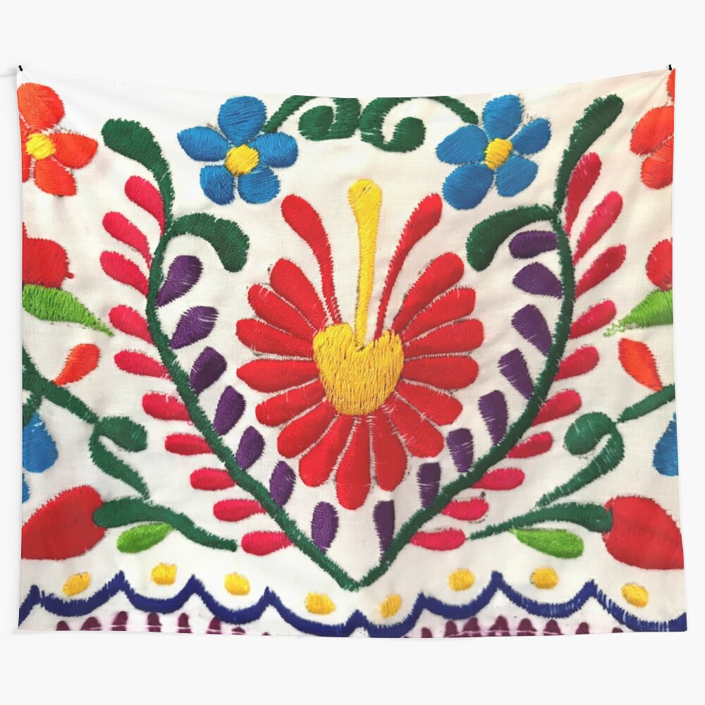 Colorful Mexican flowers tapestry with red blooms