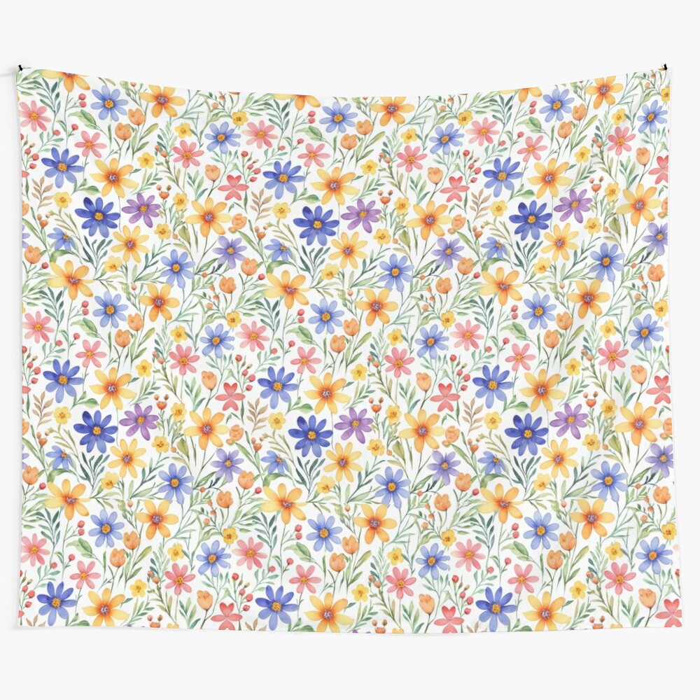 Colorful floral tapestry with vibrant flowers and botanical elements