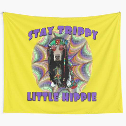 Colorful psychedelic tapestry featuring a trippy hippie dog design