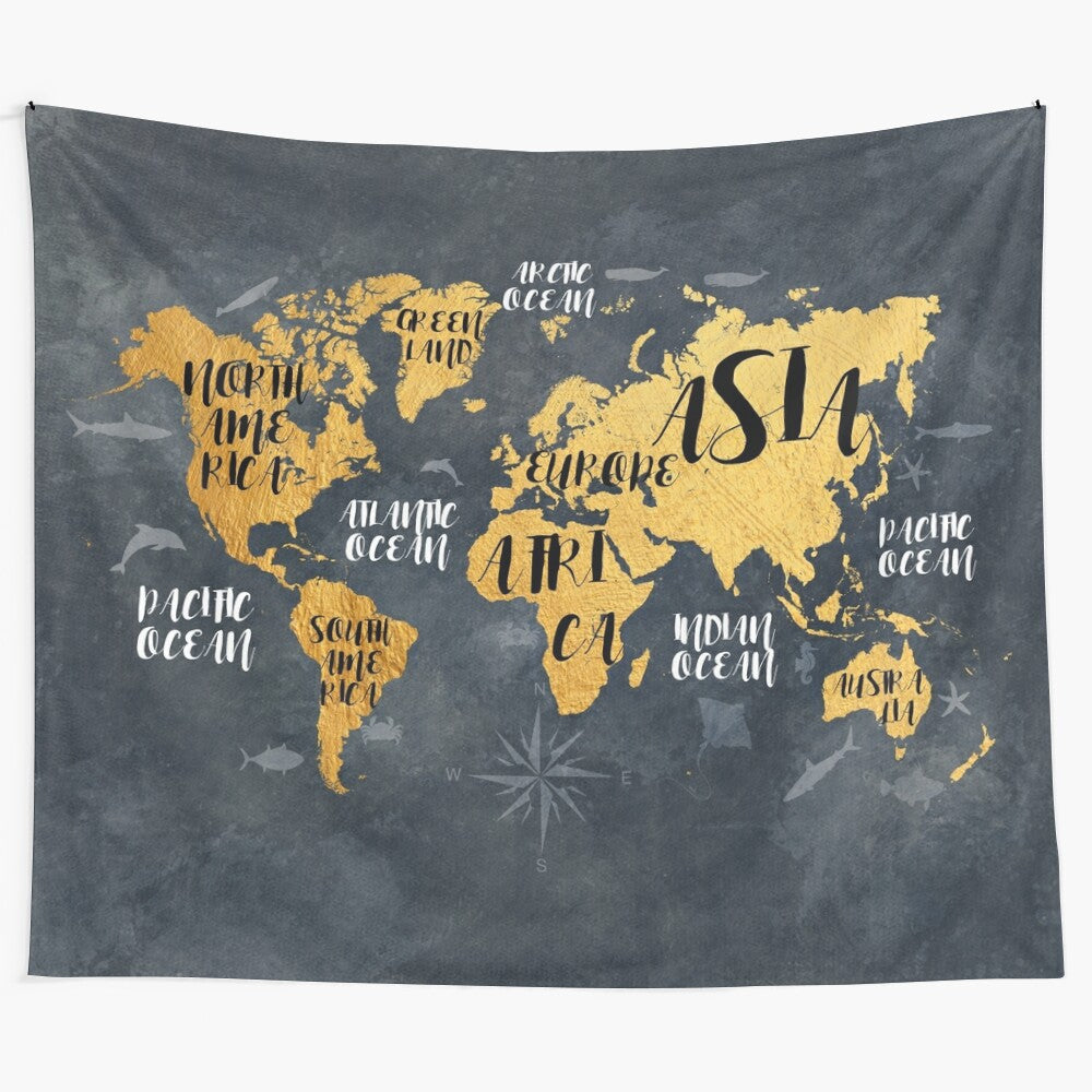 Gold and black world map tapestry wall art