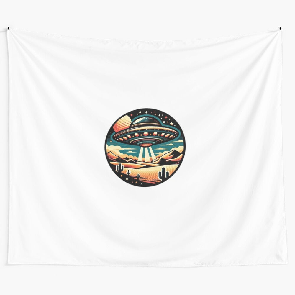 Desert UFO Encounter Tapestry featuring a flying saucer in the night sky