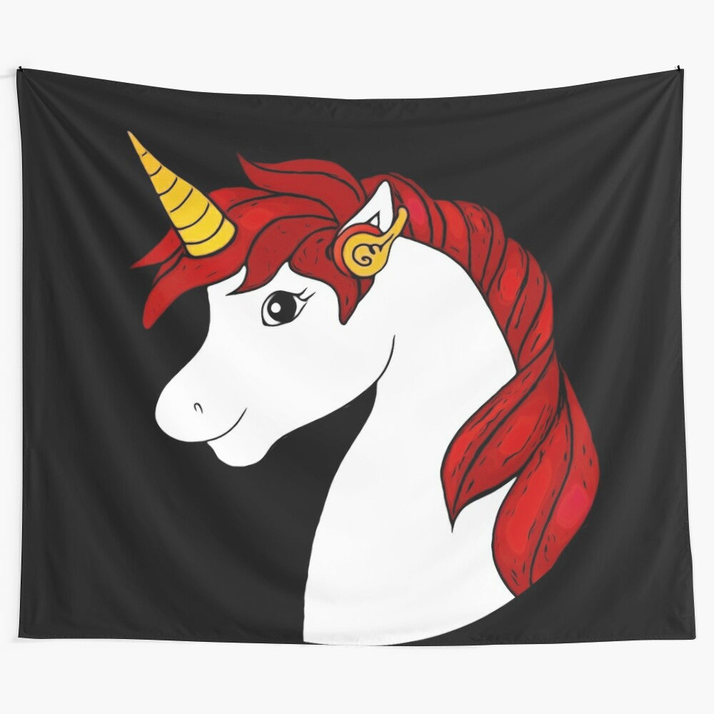 Colorful red unicorn tapestry with mythical creature design