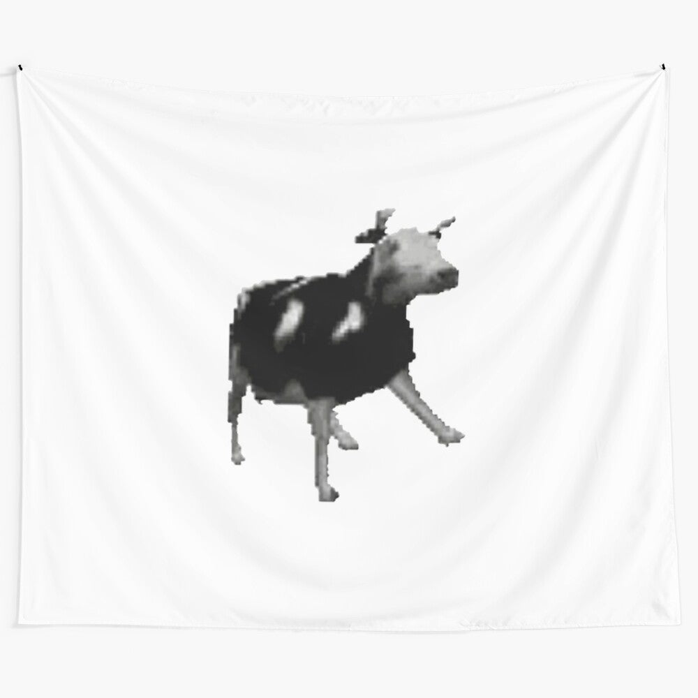 Polish cow tapestry featuring a dancing cow in a humorous meme-inspired design