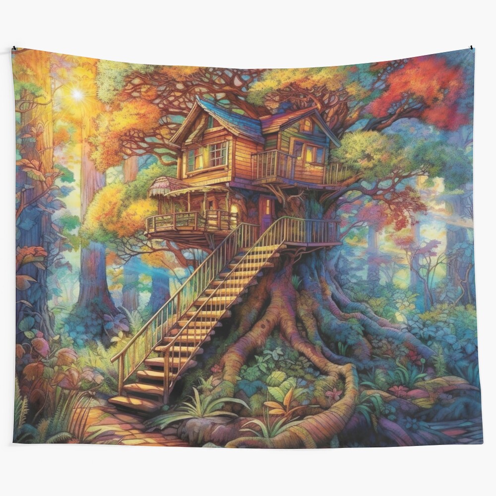 Treehouse tapestry with vibrant forest and nature elements