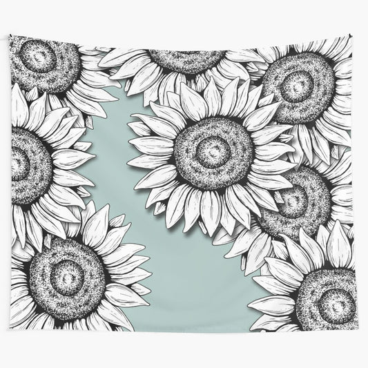 Artistic black and white tapestry featuring a sunflower design