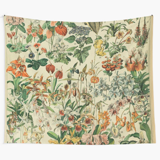 Vintage-inspired tapestry featuring Dolphe Millot's classic botanical illustrations of flowers