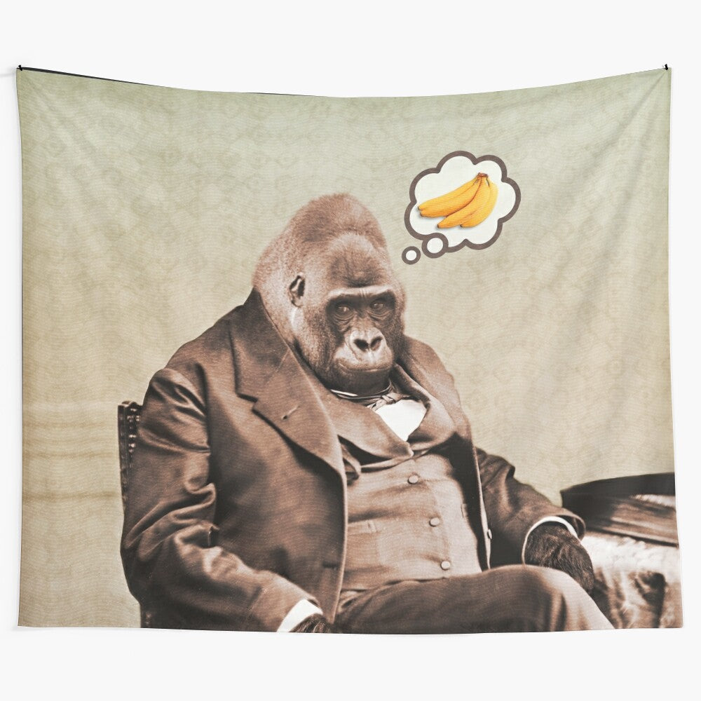 Collage tapestry featuring a surreal gorilla with bananas and other quirky elements