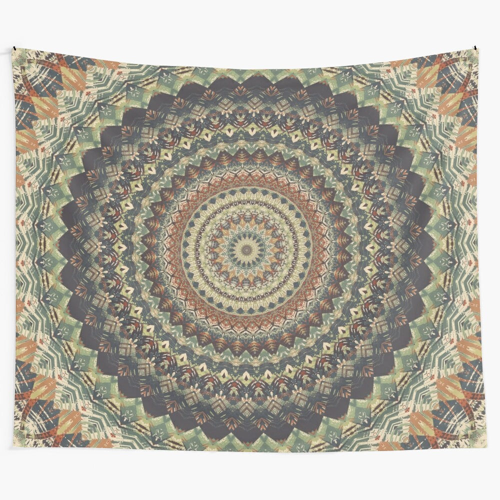 Colorful mandala tapestry with intricate sacred geometry design