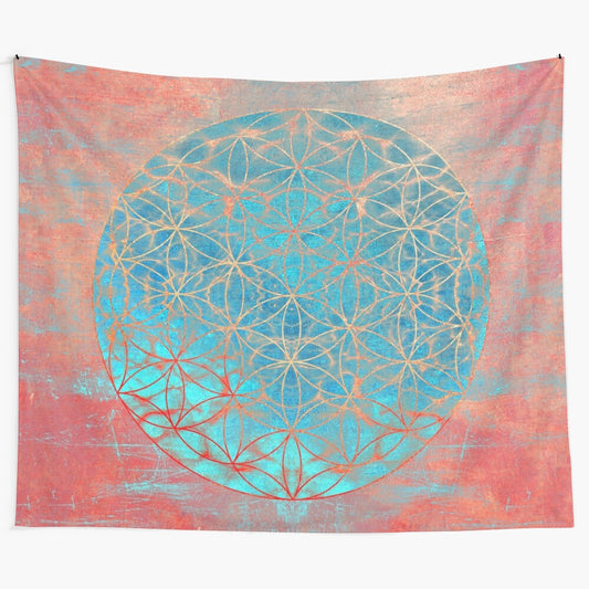 Vibrant flower of life tapestry with cosmic, psychedelic design