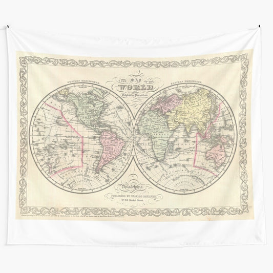 Vintage-inspired world map tapestry featuring historical 1856 cartography