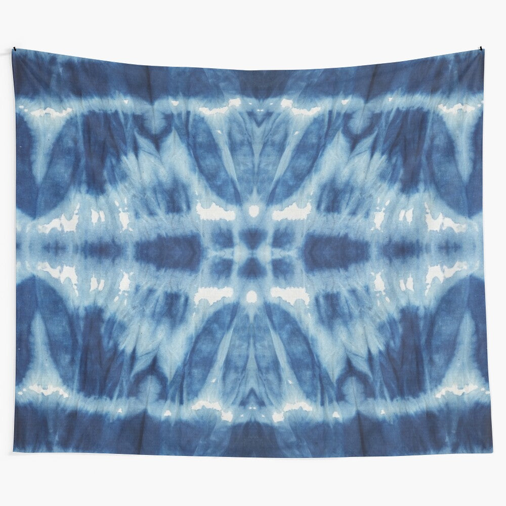 Tie-dye tapestry in shades of blue and indigo