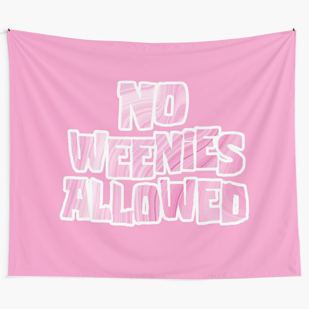 Colorful Spongebob-themed tapestry with the text "No Weenies Allowed"