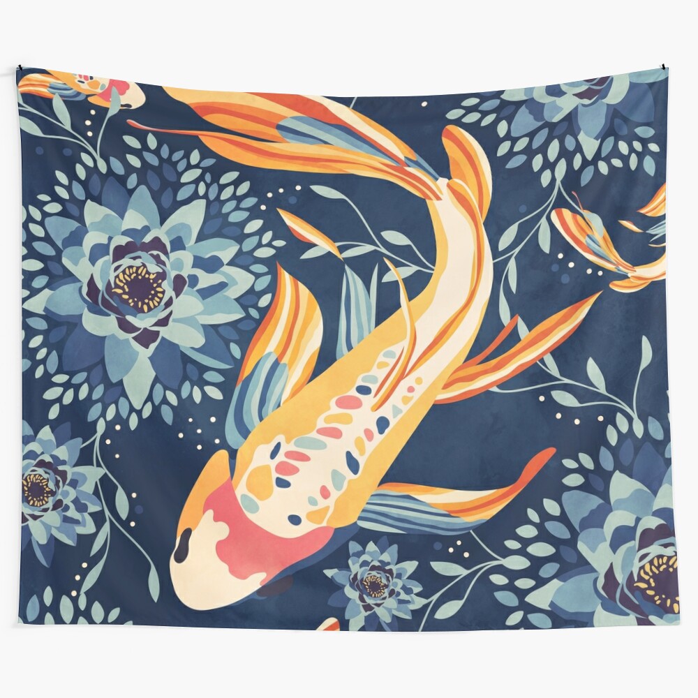 Vibrant lotus pond tapestry featuring colorful flowers, koi fish, and reflective water