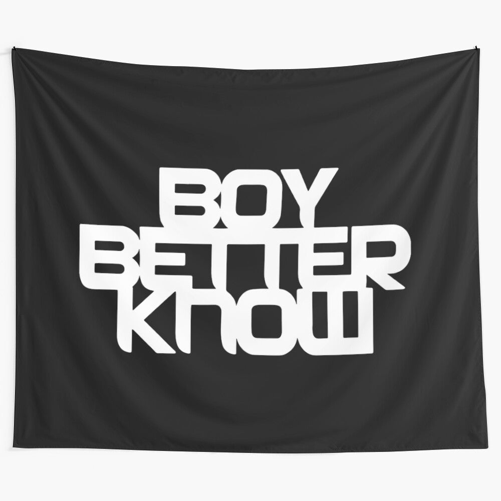 Vibrant tapestry featuring the iconic boy better know (BBK) logo, along with Skepta and JME