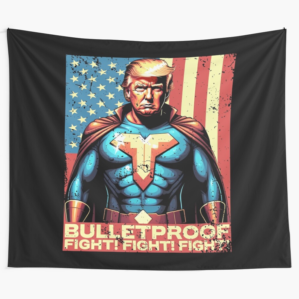 Trump-inspired distressed American flag tapestry with superhero-style design