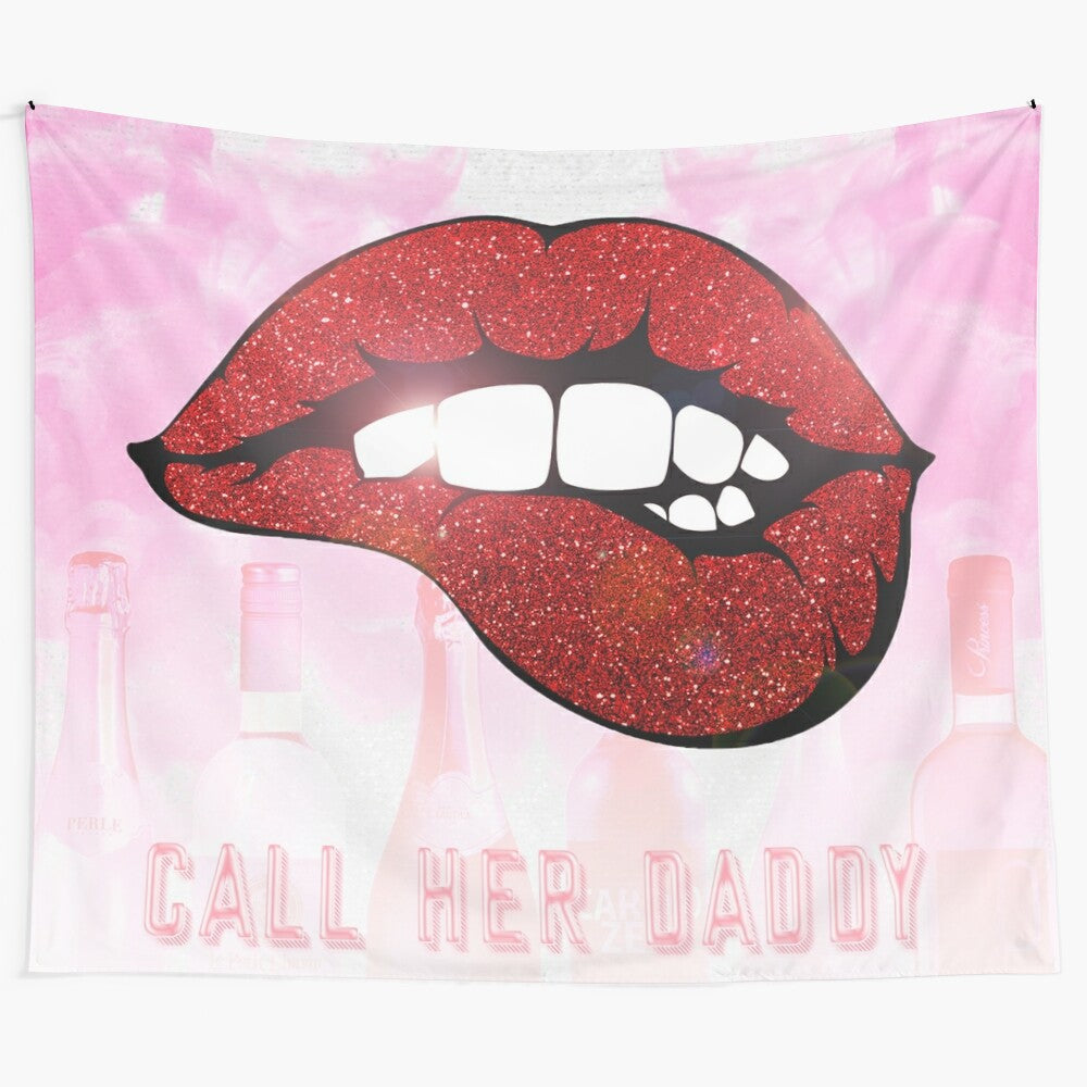 Call Her Daddy inspired tapestry featuring lips and rose design