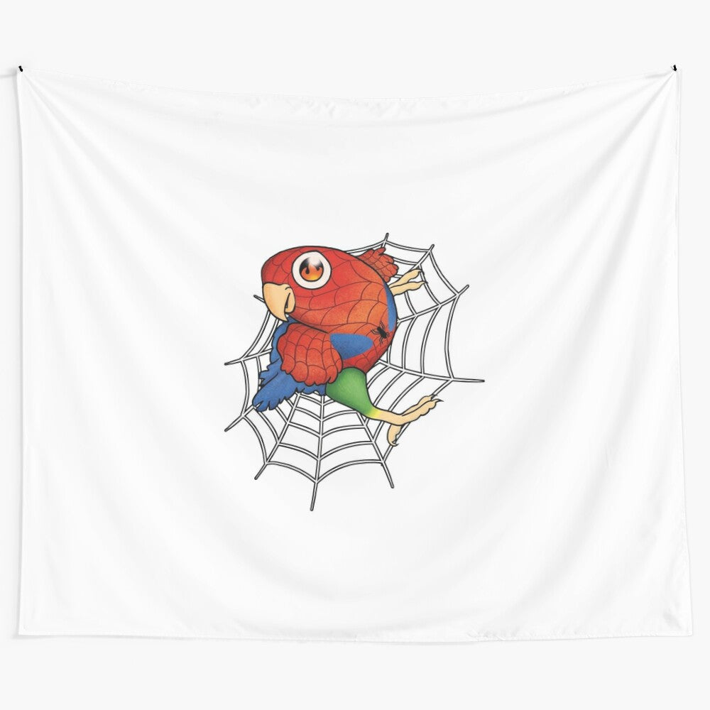 Colorful tapestry featuring an agapornis roseicollis parrot in a superhero costume