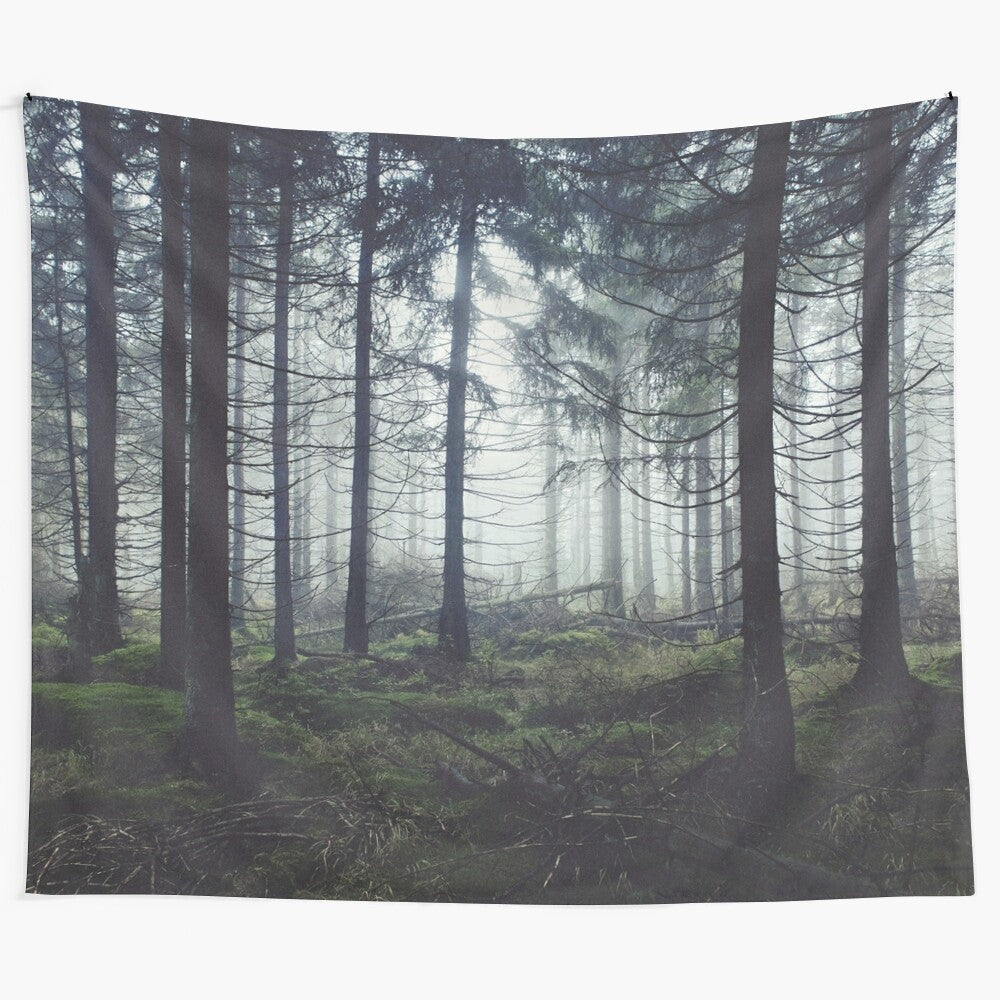 Enchanting misty forest tapestry with romantic fantasy and nature elements