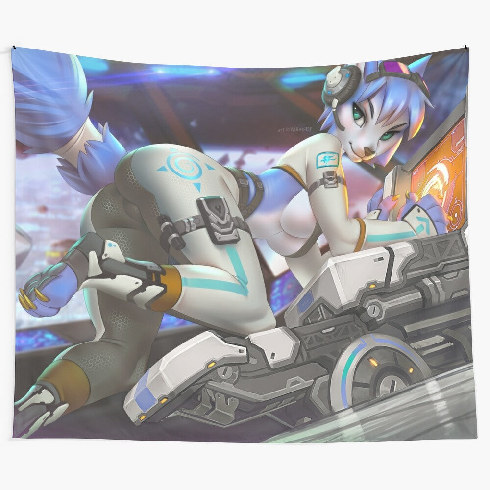 Tapestry depicting a female humanoid character in a sci-fi fantasy setting