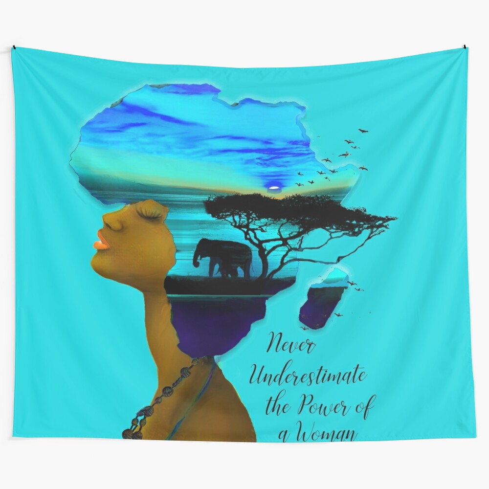 Empowering woman tapestry featuring an inspirational quote and African landscape art