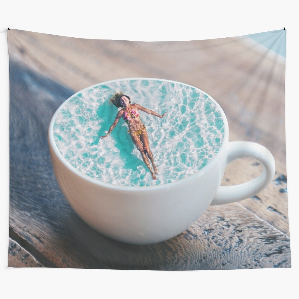 Surreal collage art tapestry featuring a woman floating in a coffee cup with a seascape background