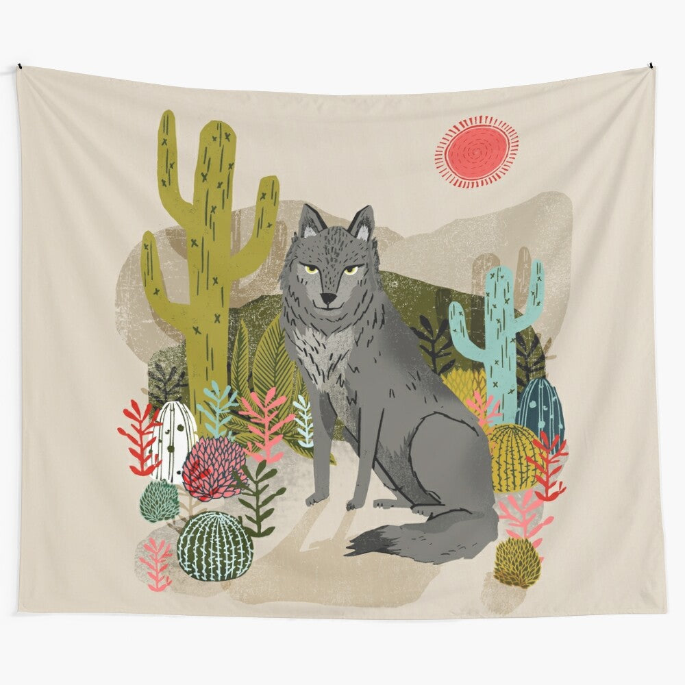 Detailed tapestry artwork featuring a wolf in a desert landscape with cacti