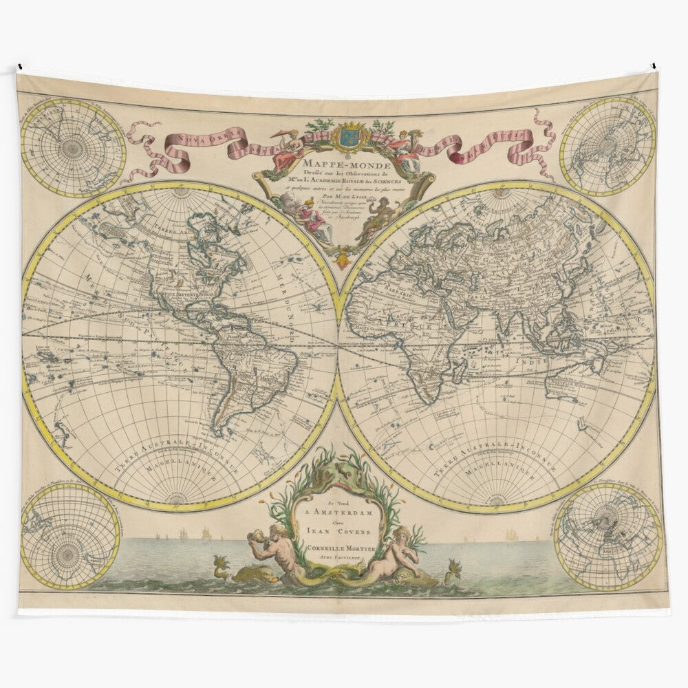 Vintage-style world map tapestry depicting the world in 1745