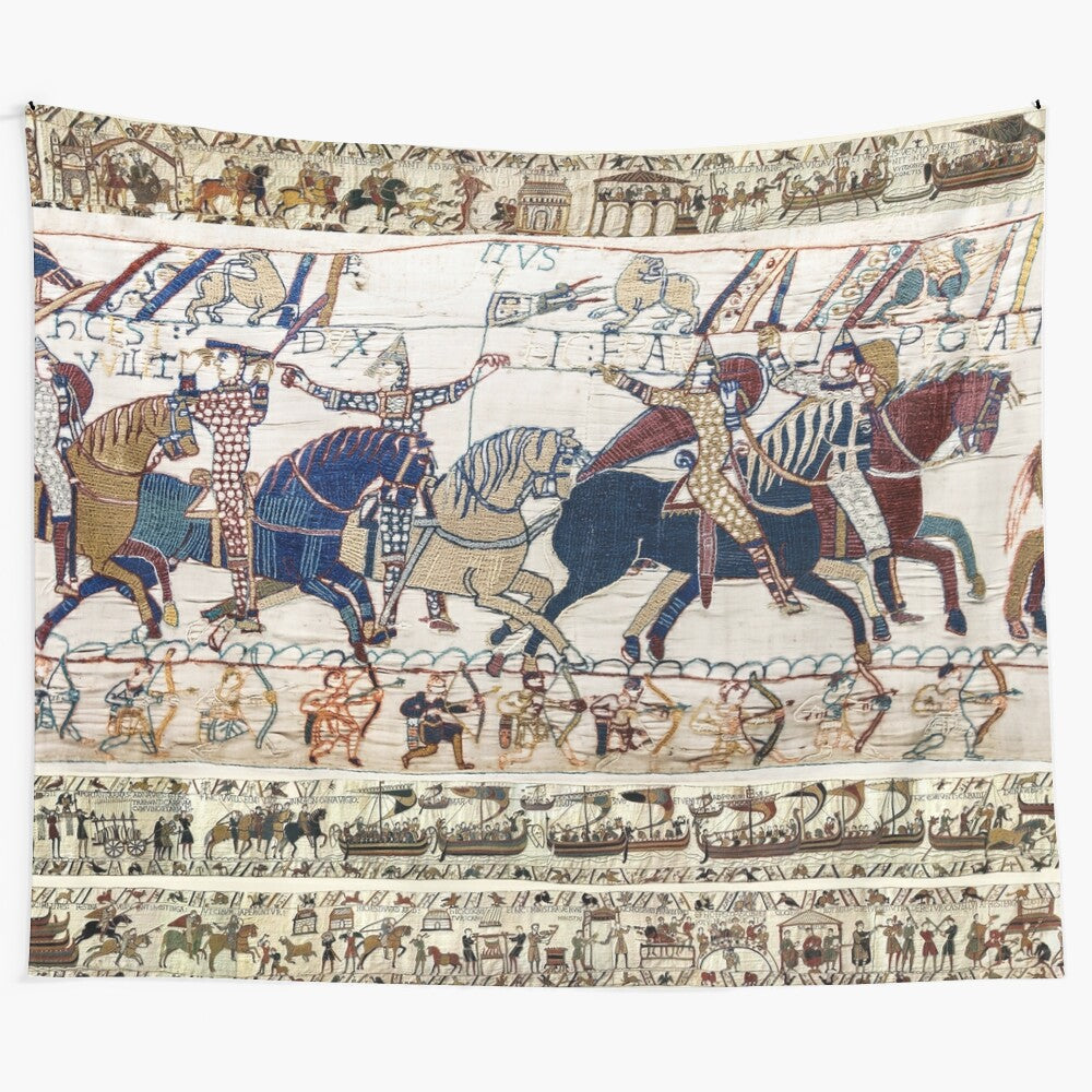 Medieval tapestry featuring norman knights on horseback in battle of hastings