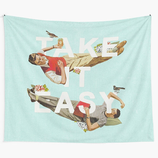 "Take It Easy" tapestry featuring a collage of retro, floral, and botanical elements