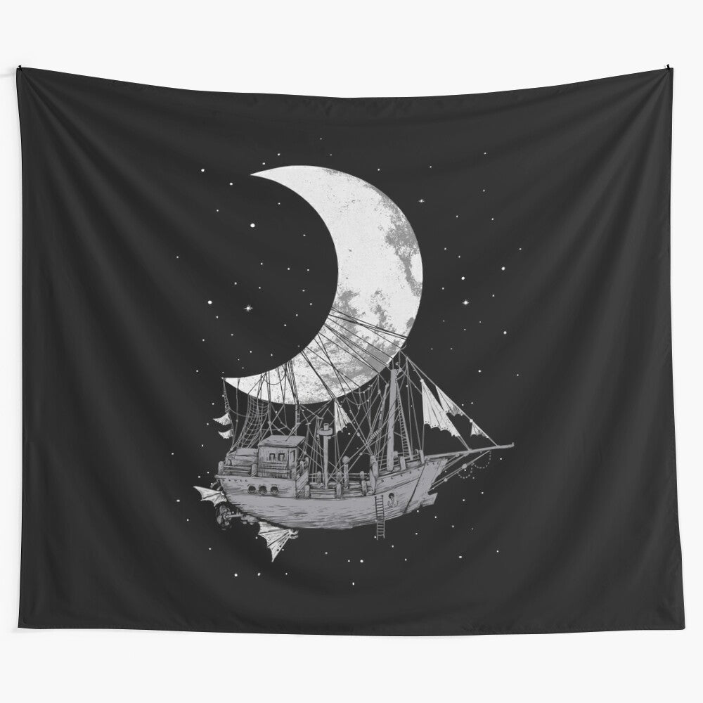 Monochrome tapestry depicting a spacecraft orbiting a crescent moon against a starry backdrop