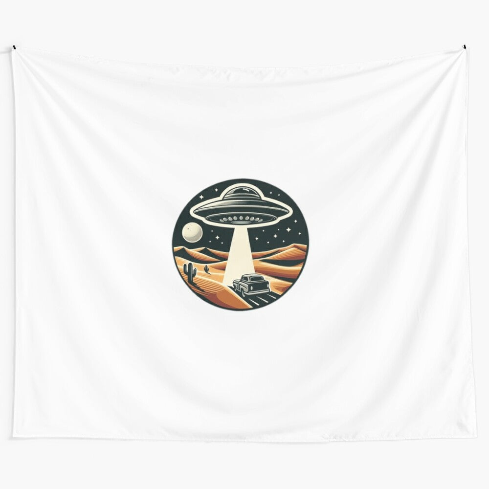 Desert UFO Encounter Tapestry featuring alien spacecraft and celestial objects