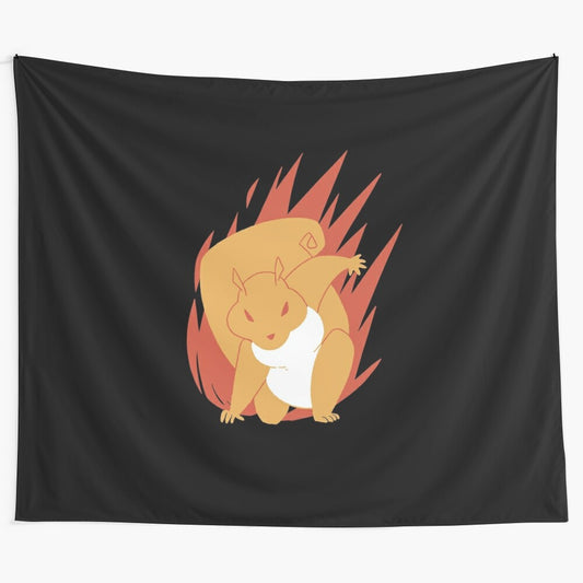 Superhero squirrel tapestry, featuring a squirrel in a heroic pose with flames in the background