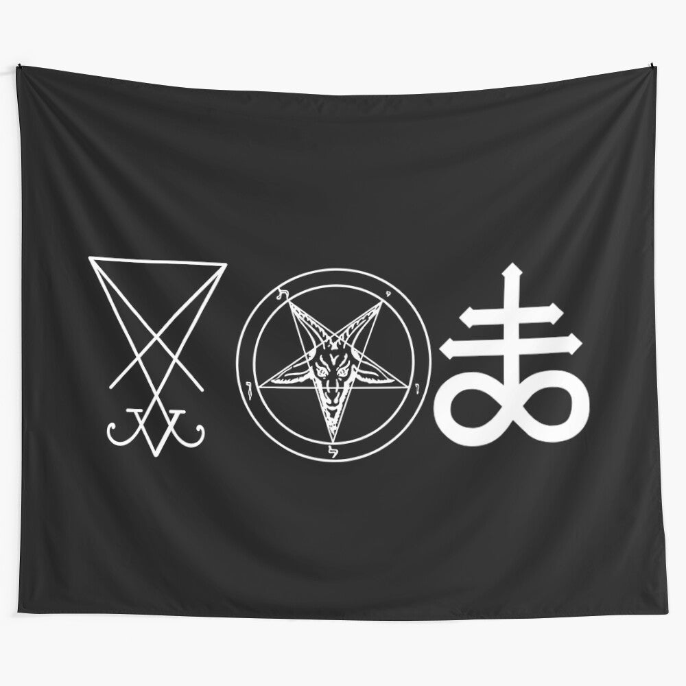 Satanic tapestry featuring Sigil of Lucifer, Baphomet sigil, and Leviathan cross