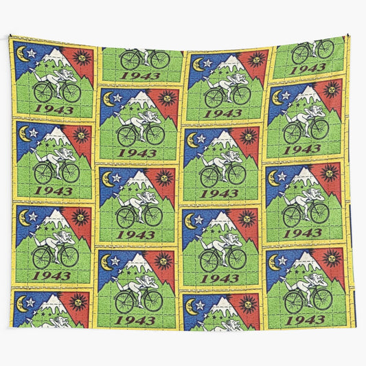 Colorful psychedelic tapestry featuring a bicycle and cosmic elements