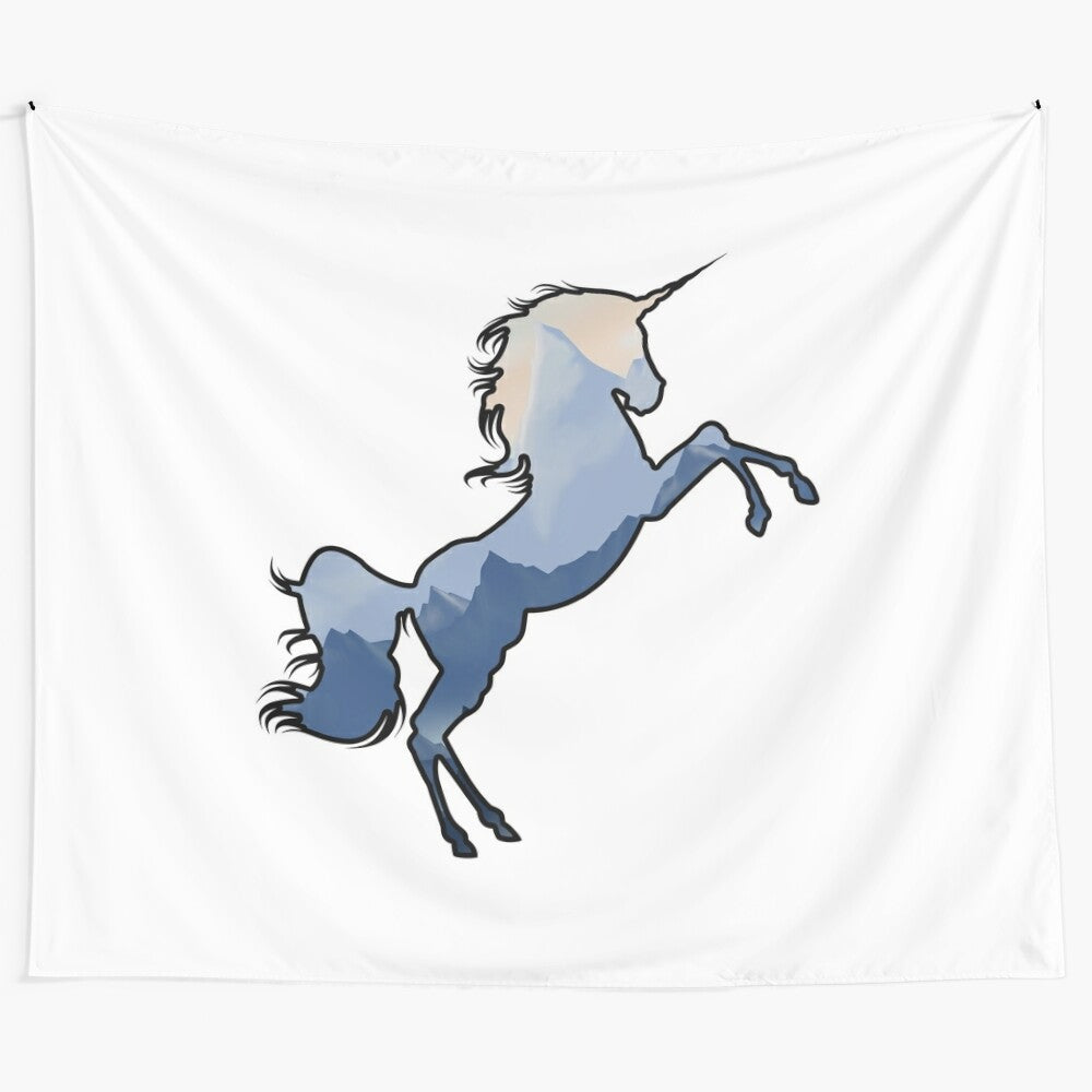 Colorful unicorn double exposure tapestry with cosmic and mystical background