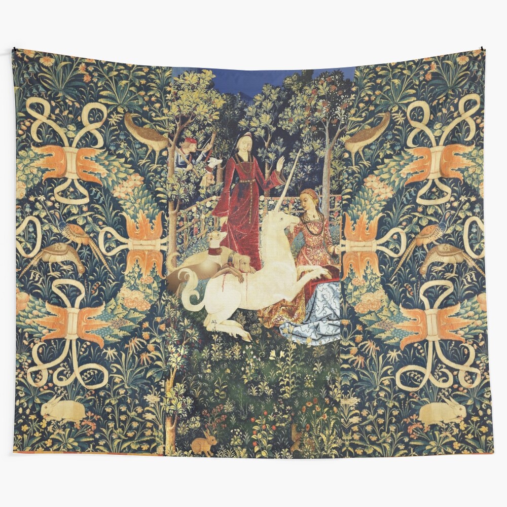 Captivating unicorn and maiden tapestry with vibrant floral and nature elements