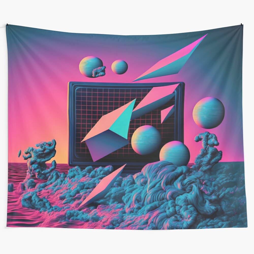 Vaporwave-themed digital tapestry featuring a blend of retro and futuristic elements