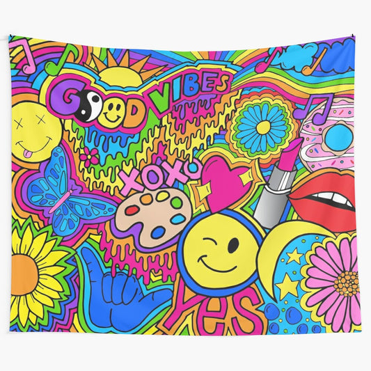 Colorful hippie-style tapestry featuring a collage of smiley faces, flowers, donuts, lips, moons, and more